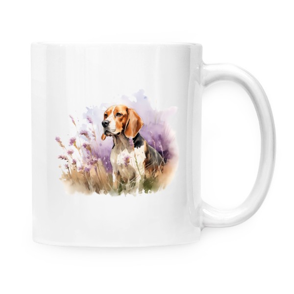 Hrnek malý bílý s potiskem Bígl na louce