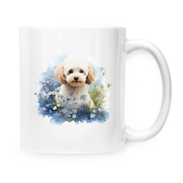 Hrnek malý bílý s potiskem Bišonek s květinami