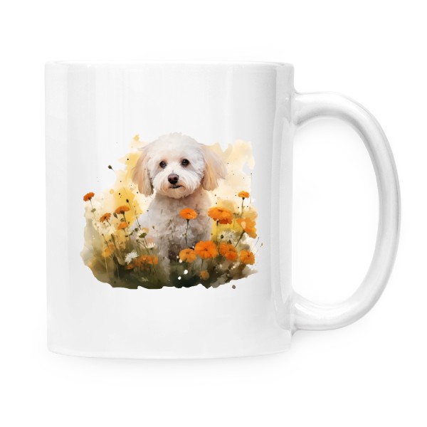 Hrnek malý bílý s potiskem Bišonek s květinami