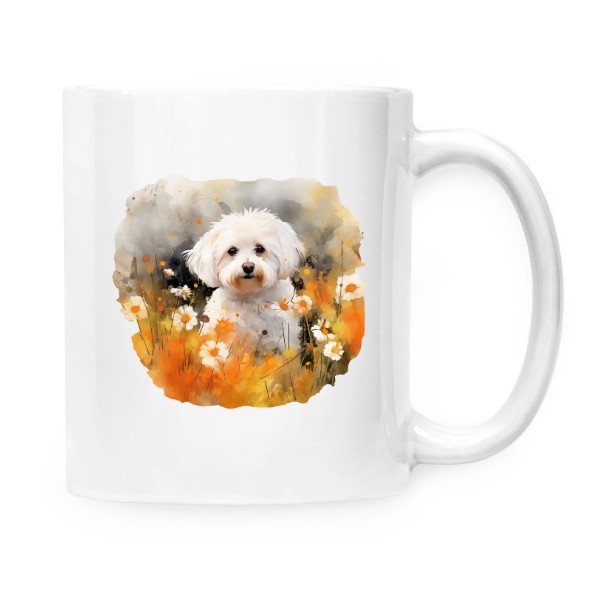 Hrnek malý bílý s potiskem Bišonek s květinami