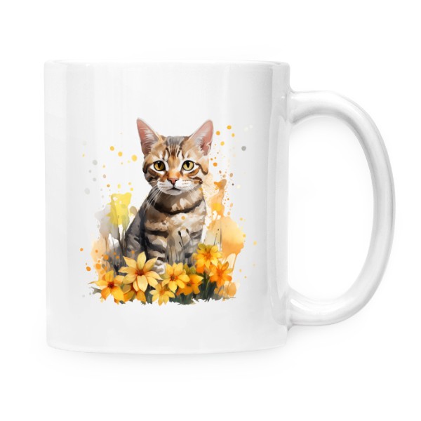 Hrnek malý bílý s potiskem Americká krátkosrstá kočka s květinami
