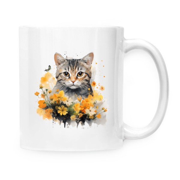 Hrnek malý bílý s potiskem Americká krátkosrstá kočka s květinami