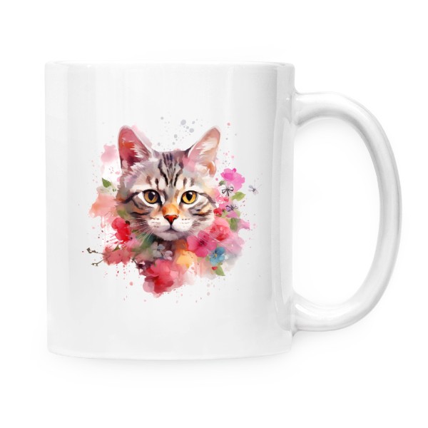 Hrnek malý bílý s potiskem Americká krátkosrstá kočka s květinami
