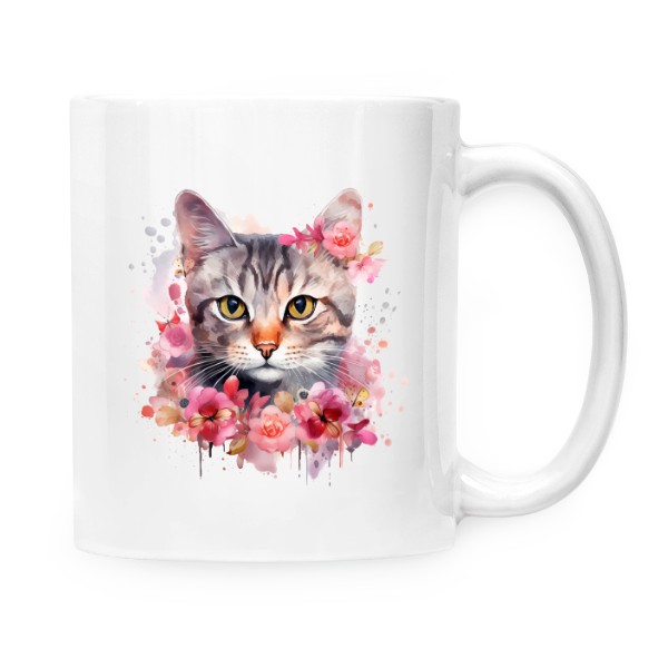 Hrnek malý bílý s potiskem Americká krátkosrstá kočka s květinami