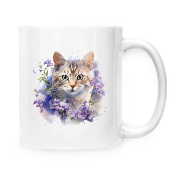 Hrnek malý bílý s potiskem Americká krátkosrstá kočka s květinami