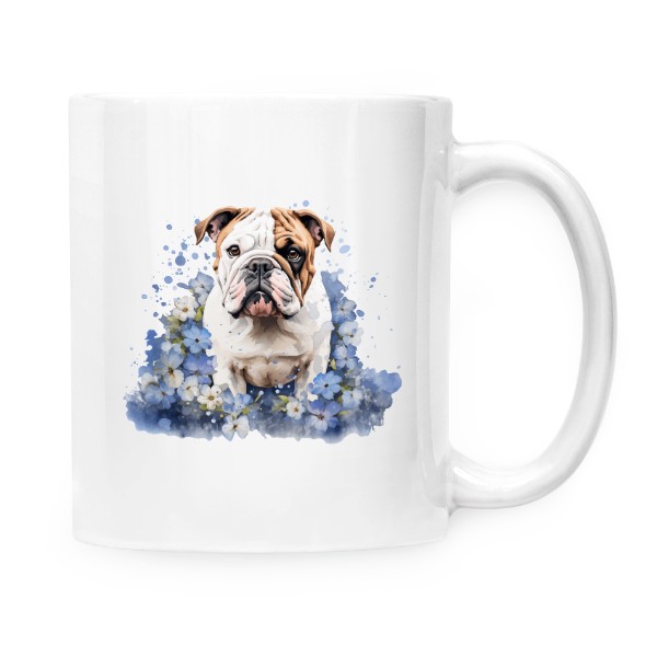 Hrnek malý bílý s potiskem Anglický bulldog s květinami