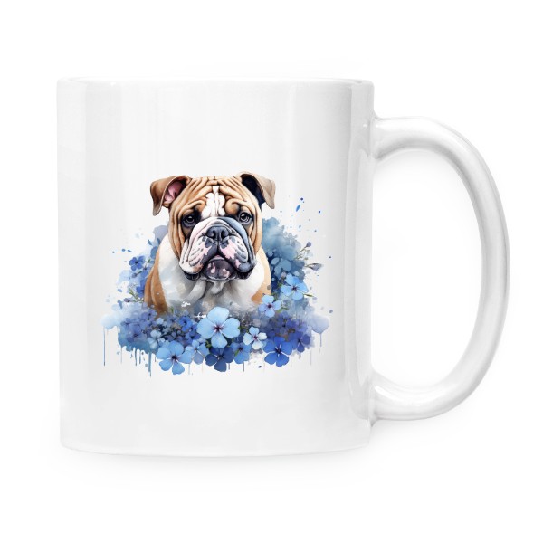 Hrnek malý bílý s potiskem Anglický bulldog s květinami