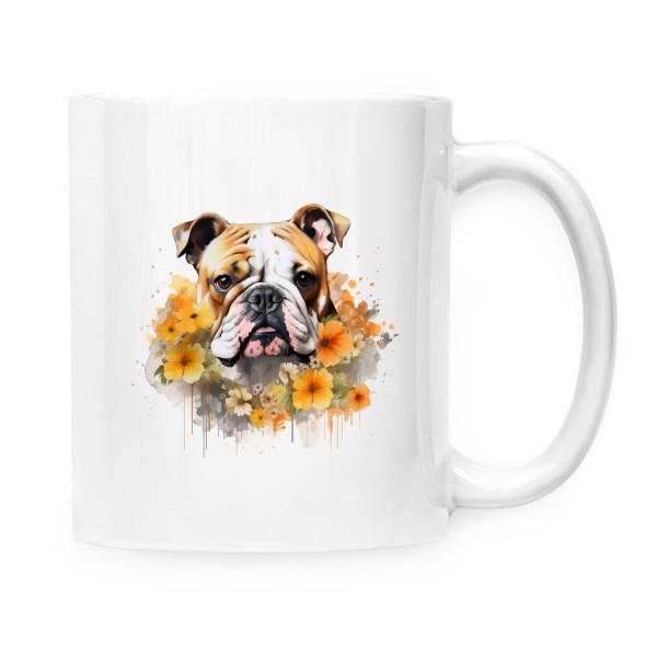 Hrnek malý bílý s potiskem Anglický bulldog s květinami
