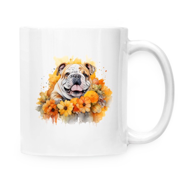Hrnek malý bílý s potiskem Anglický bulldog s květinami