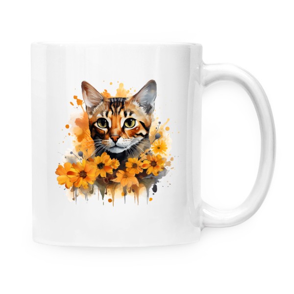 Hrnek malý bílý s potiskem Bengálská kočka s květinami