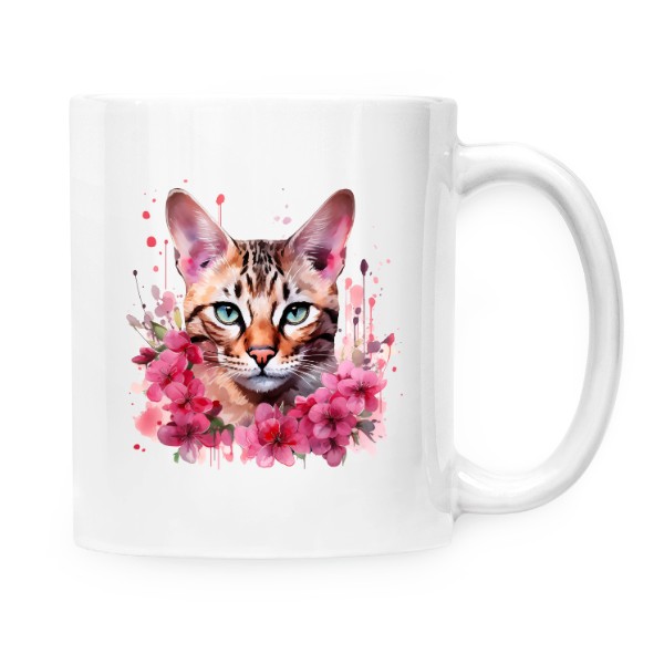 Hrnek malý bílý s potiskem Bengálská kočka s květinami