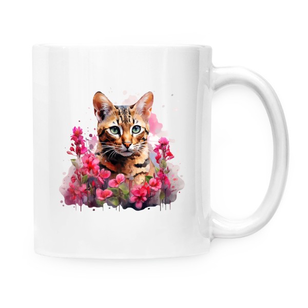 Hrnek malý bílý s potiskem Bengálská kočka s květinami