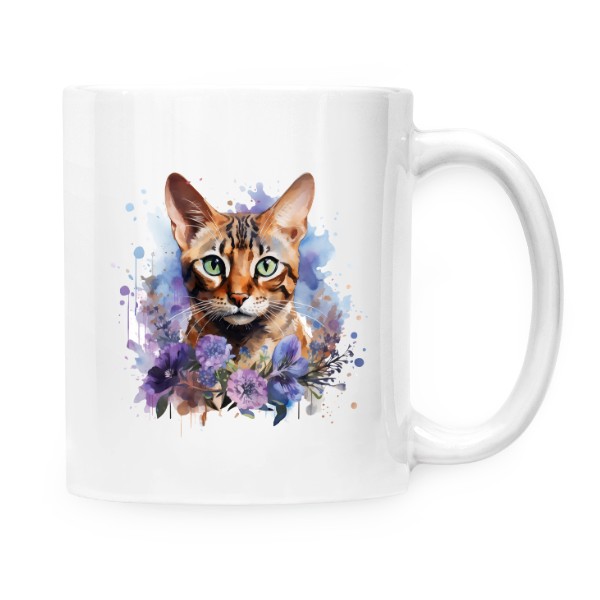 Hrnek malý bílý s potiskem Bengálská kočka s květinami