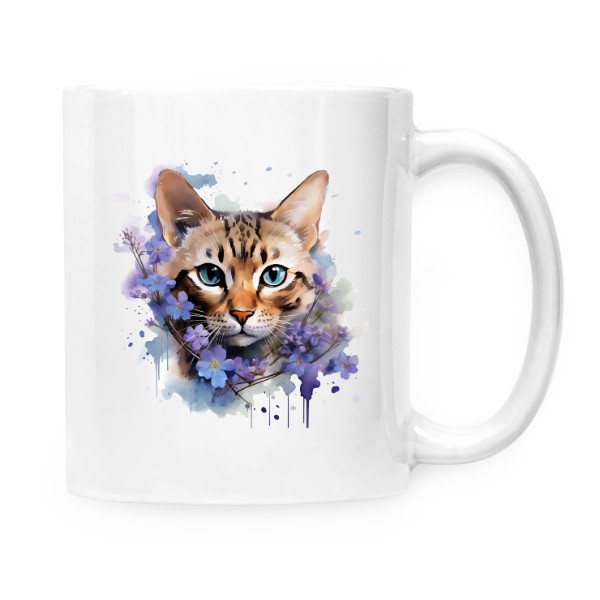 Hrnek malý bílý s potiskem Bengálská kočka s květinami