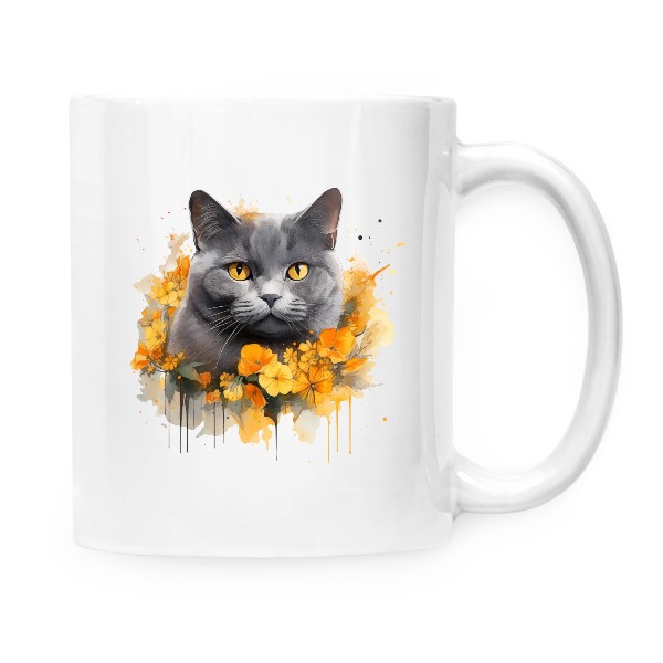 Hrnek malý bílý s potiskem Britská modrá kočka s květinami