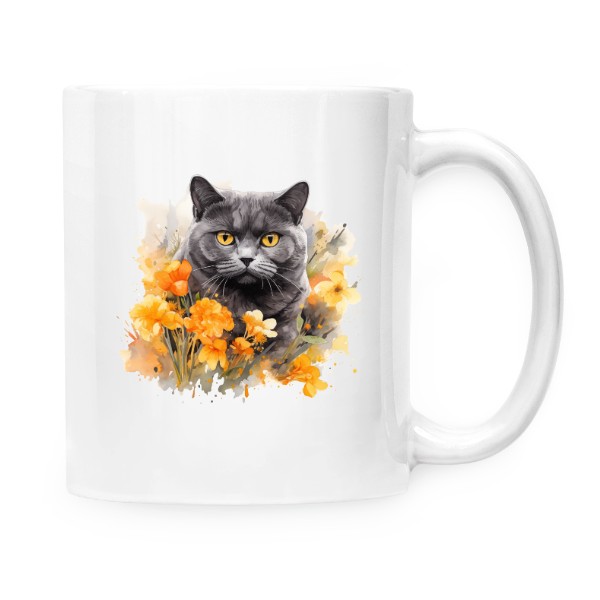 Hrnek malý bílý s potiskem Britská modrá kočka s květinami