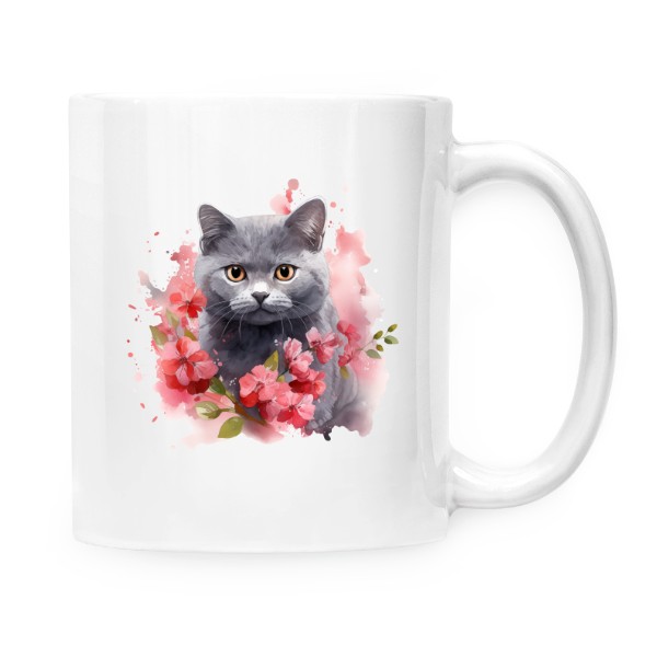 Hrnek malý bílý s potiskem Britská modrá kočka s květinami