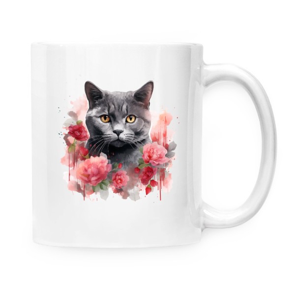 Hrnek malý bílý s potiskem Britská modrá kočka s květinami