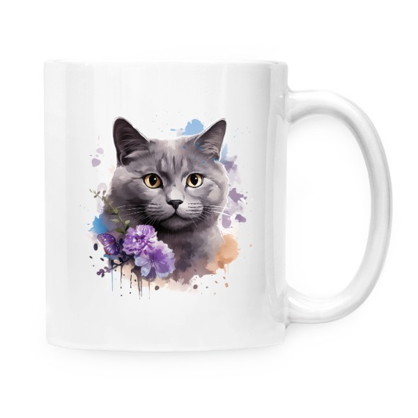 Hrnek malý bílý s potiskem Britská modrá kočka s květinami