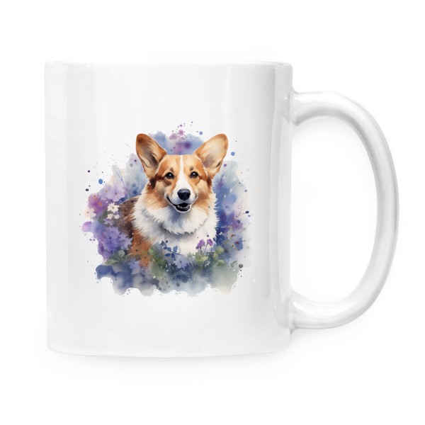 Hrnek malý bílý s potiskem Corgi s květinami