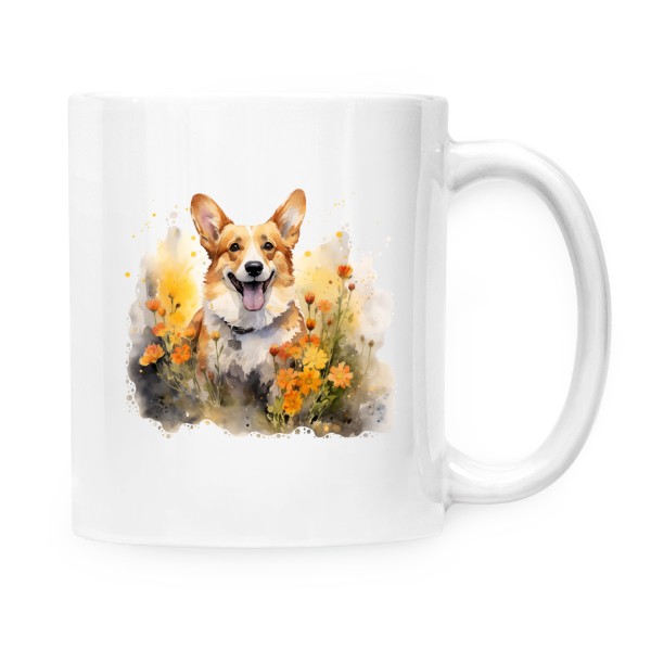 Hrnek malý bílý s potiskem Corgi s květinami