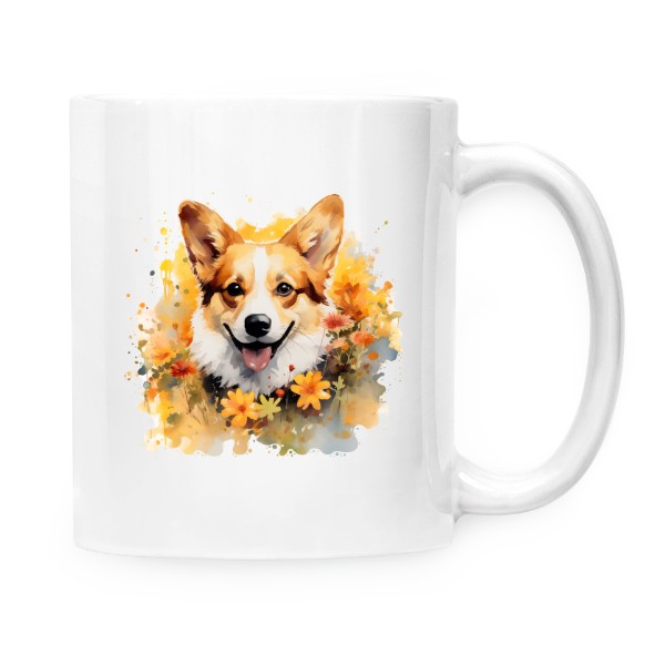 Hrnek malý bílý s potiskem Corgi s květinami