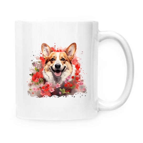 Hrnek malý bílý s potiskem Corgi s květinami