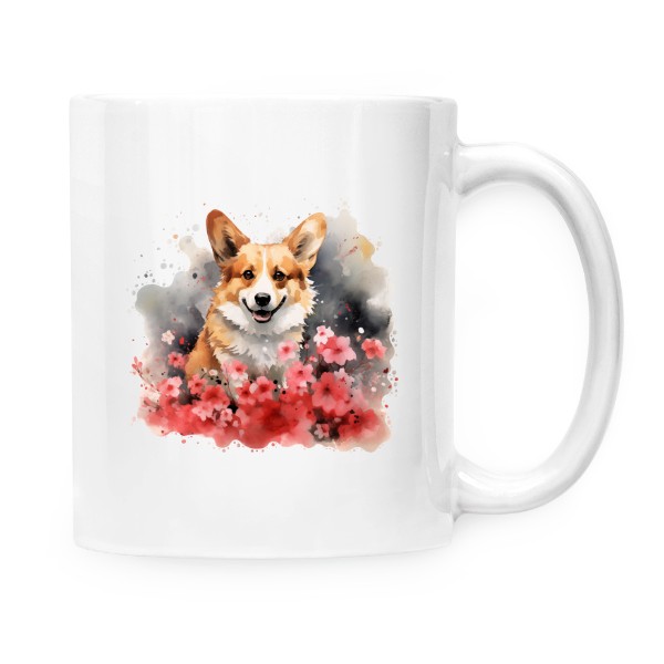 Hrnek malý bílý s potiskem Corgi s květinami