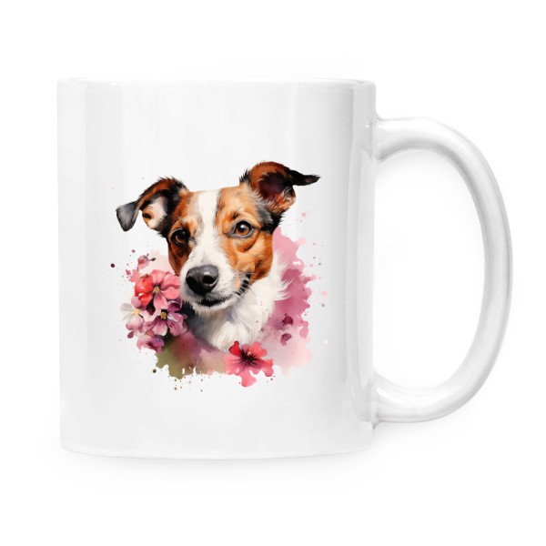 Hrnek malý bílý s potiskem Jack Russell s květinami