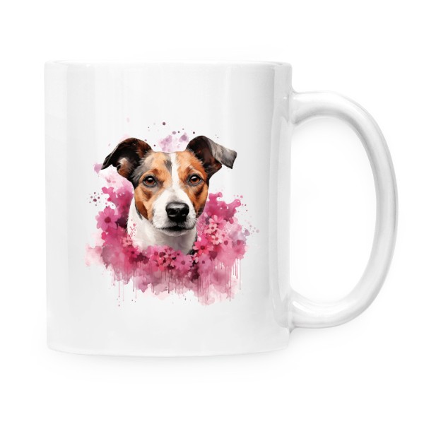 Hrnek malý bílý s potiskem Jack Russell s květinami