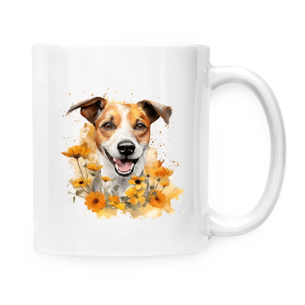 Hrnek malý bílý s potiskem Jack Russell s květinami