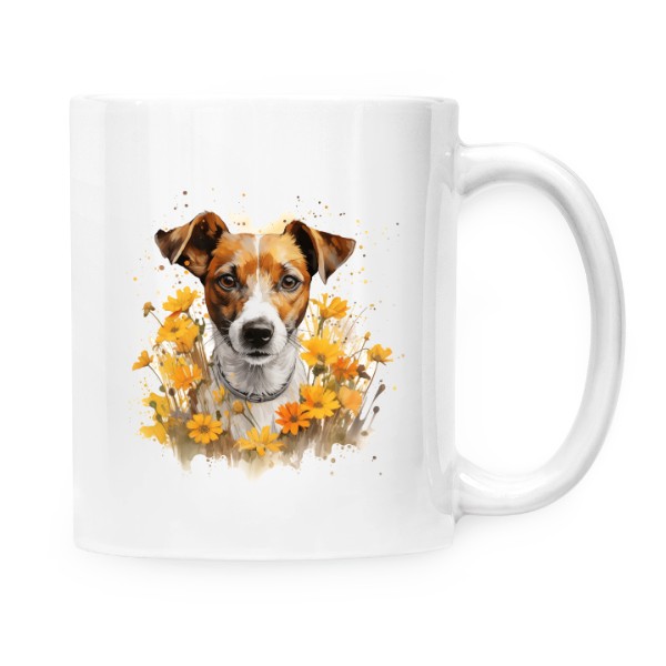 Hrnek malý bílý s potiskem Jack Russell s květinami