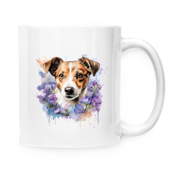 Hrnek malý bílý s potiskem Jack Russell s květinami