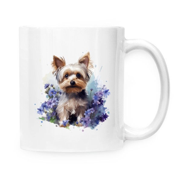 Hrnek malý bílý s potiskem Jorkšír s květinami