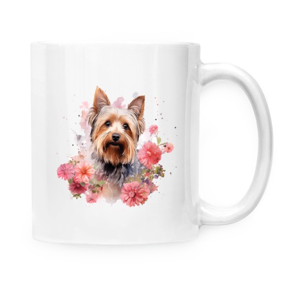 Hrnek malý bílý s potiskem Jorkšír s květinami