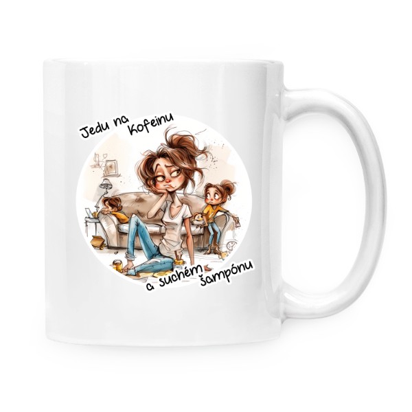 Hrnek malý bílý s potiskem Jedu na kofeinu a suchém šampónu