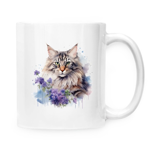 Hrnek malý bílý s potiskem Mainská mývalí kočka s květinami