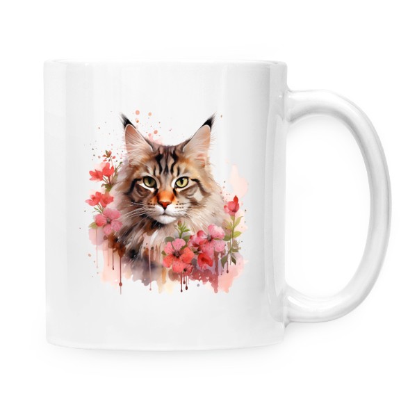 Hrnek malý bílý s potiskem Mainská mývalí kočka s květinami