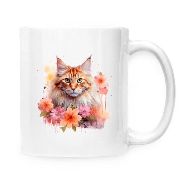 Hrnek malý bílý s potiskem Mainská mývalí kočka s květinami