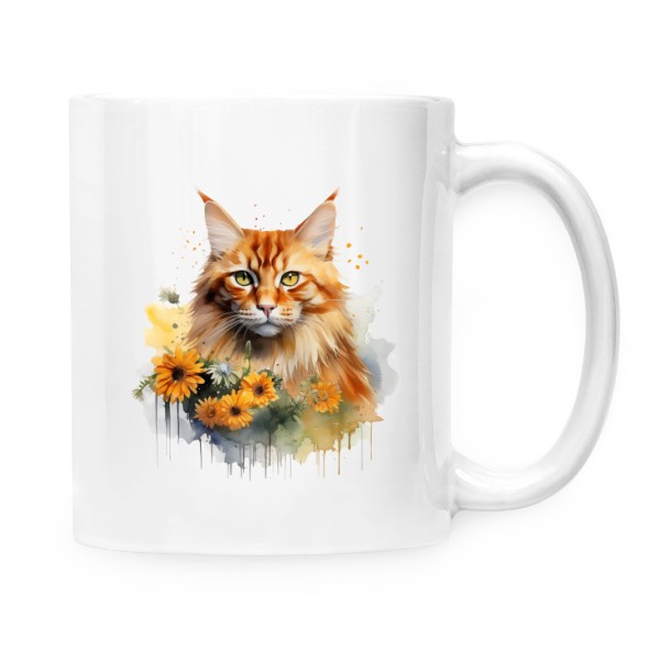 Hrnek malý bílý s potiskem Mainská mývalí kočka s květinami