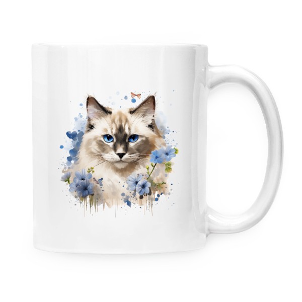 Hrnek malý bílý s potiskem Ragdoll kočka s květinami