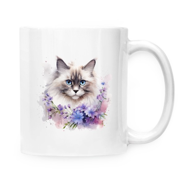 Hrnek malý bílý s potiskem Ragdoll kočka s květinami