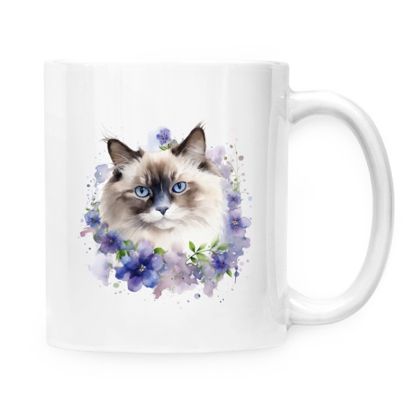 Hrnek malý bílý s potiskem Ragdoll kočka s květinami