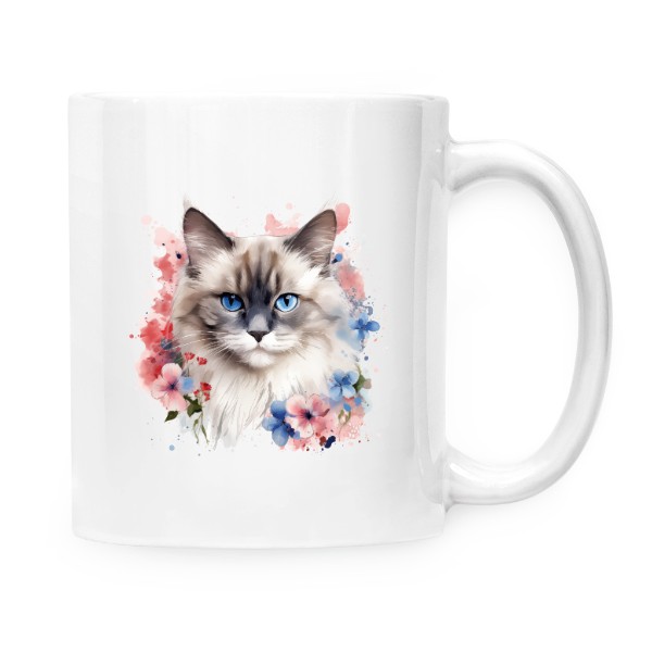 Hrnek malý bílý s potiskem Ragdoll kočka s květinami