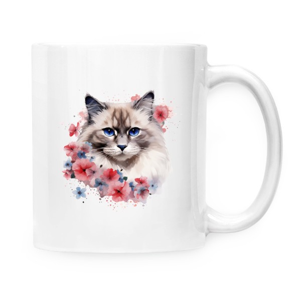 Hrnek malý bílý s potiskem Ragdoll kočka s květinami