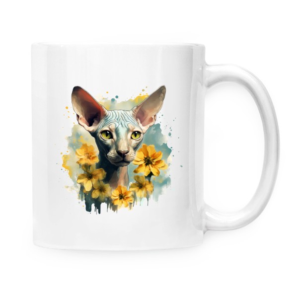 Hrnek malý bílý s potiskem Sphynx kočka s květinami