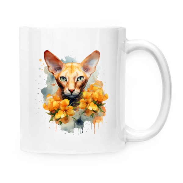 Hrnek malý bílý s potiskem Sphynx kočka s květinami