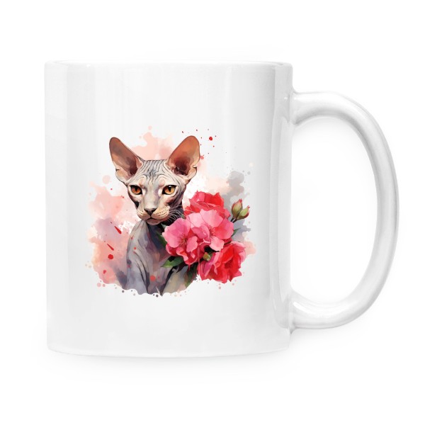 Hrnek malý bílý s potiskem Sphynx kočka s květinami