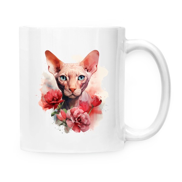 Hrnek malý bílý s potiskem Sphynx kočka s květinami