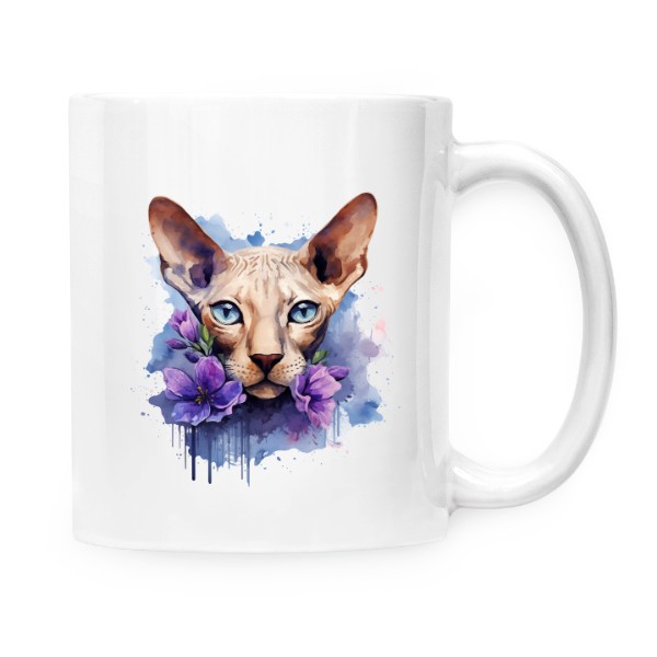 Hrnek malý bílý s potiskem Sphynx kočka s květinami